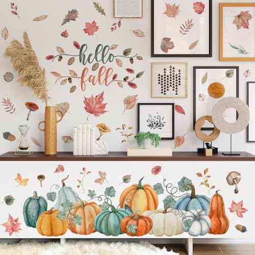 Fall Wall Decals Fall Nuts Pumpkin Maple Wall Stickers Removable Autumn Peel and Stick Sticker Fall Vinyl DIY Wall Art Decals Autumn Party Supplies Home Window Decor