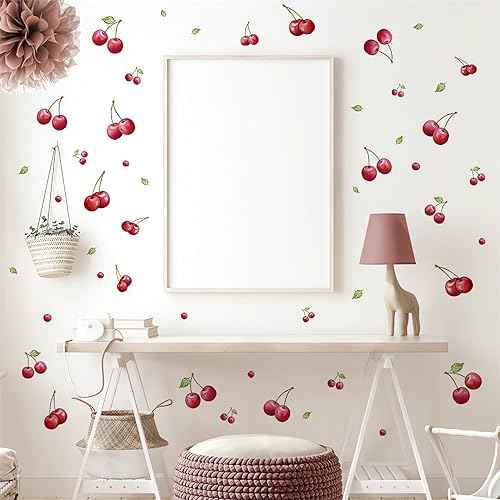 6 Sheets 102 Pcs Cherries Wall Stickers, sacinora DIY Cherry Fruit Art Wall Decals Removable Vinyl Peel and Stick for Nursery Living Room Bedroom Children's Room Playroom Furniture Closet Decorations