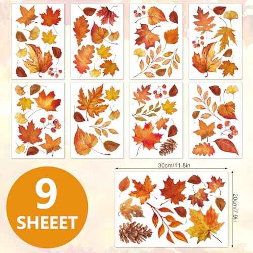 Fall Wall Stickers Maple Leaves Wall Decals Small Room Mural Stickers for Autumn Thanksgiving Home School Office Party Decor, 7.9 x 11.8 Inch, 9 Sheets