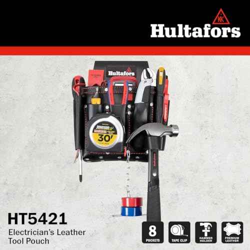 Hultafors Work Gear HT5421 Electrician's Premium Leather Tool Pouch, Molded Front Pockets, Tape Chain, Metal Tool Clip, Leather Hammer Loop