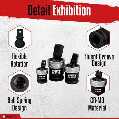 WETT Impact Universal Joint Set, 3-Piece Socket Swivel Adapter Set, 1/2", 3/8" and 1/4" Drive Impact Grade Wobble Socket, U-Joint Sockets, CR-MO Steel