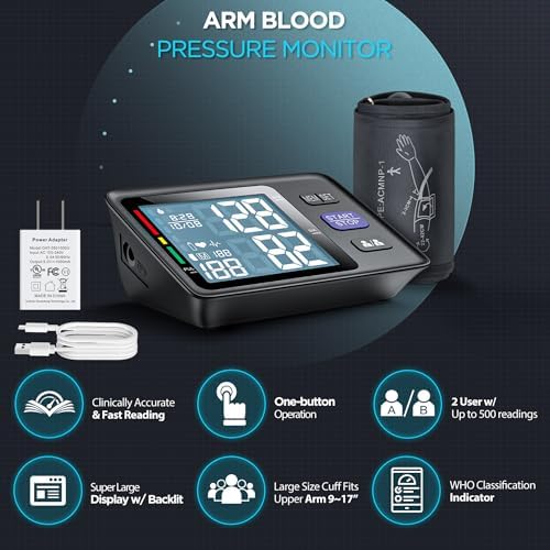 Blood Pressure Monitor Upper Arm with Large Cuff 9"-17", Automatic Digital Blood Pressure Cuffs for Home Use, Large LCD with Backlit, BP Machine with 2-User Mode