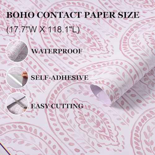 Pink Boho Peel and Stick Vinyl Wallpaper,Modern Waterproof Contact Paper Self Adhesive,Removable Floral Wall Paper for Bathroom Bedroom Cabinet Shelf Liner