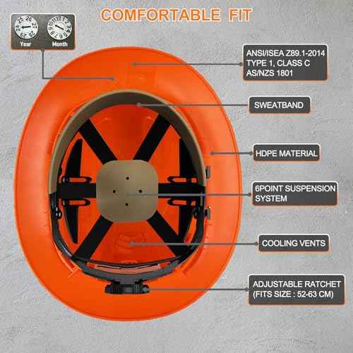 Construction Wide Brim Hard Hat,Full Brim Hard Hat ANSI Z89.1 Type 1 & OSHA Certified Safety Helmet with Glasses, with 6-Point Suspension & 4 Ventilation Ports