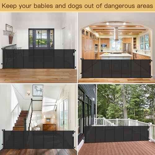 Reinforced Bottom 100 Inch Retractable Baby Gates Extra Wide Baby Gate for Large Openings, 8 ft Super Long Child Gates for Large Openings, Mesh Retractable Dog Gate for Doorways Extra Wide, Black
