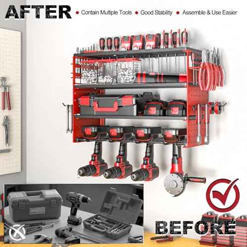 Power Tool Organizer Wall Mount, 4 Layers Tool Storage Rack with 2 Side Red Pegboards, 4 Drill Bit Rack,Heavy Duty Metal Garage Tool Shelf Organize for Workshop Garage Tool Room