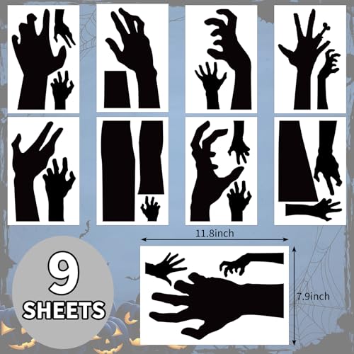 9 Sheets Halloween Wall Stickers Black Hand Wall Decals Room Mural Stickers for Home Classroom Party Decor, 7.9 x 11.8 Inch