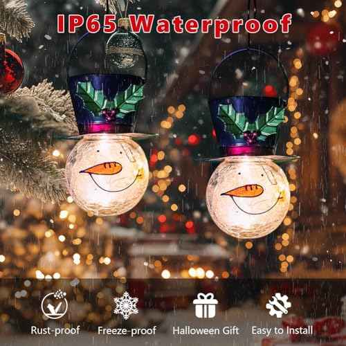 Starsoul 2 Pack Snowman Solar Lanterns, Christmas Outdoor Hanging Lantern Waterproof Decorative Snowman Lights Decor for Garden, Patio, Yard, Porch, Xmas Holiday Party Decor (Large Leaves)
