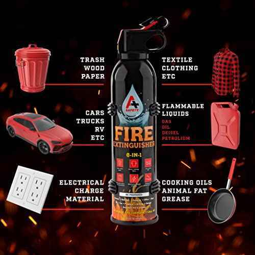 A+ Safety Portable Fire Extinguisher | 6-in-1 Small Fire Extinguisher for Home, Garage, Kitchen, Car | For Electric, Textile and Grease Fires | Non-Toxic, Easy Clean | Wall Mount Incl (2PK)