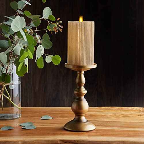 Luminara Metallic Embossed Pillar, Champagne Flameless LED Candle 3.25" x 6.5", Battery Operated Real Flame Technology w/Timer Function, Paraffin Wax