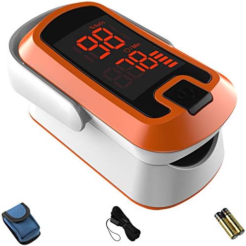 MIBEST Orange LED Finger Pulse Oximeter - Blood Oxygen Saturation Monitor - SPO2 Pulse Oximeter - Portable Oxygen Sensor with Included Batteries - O2 Saturation Monitor with Carry Pouch