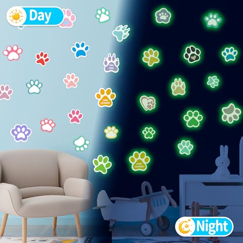 Large Paw Print Stickers 44 Pieces Glow in The Dark, Cute Dog and Cat Animals Art Wall Decals, Removable Luminous Footprint Nursery Bedroom Room Decor