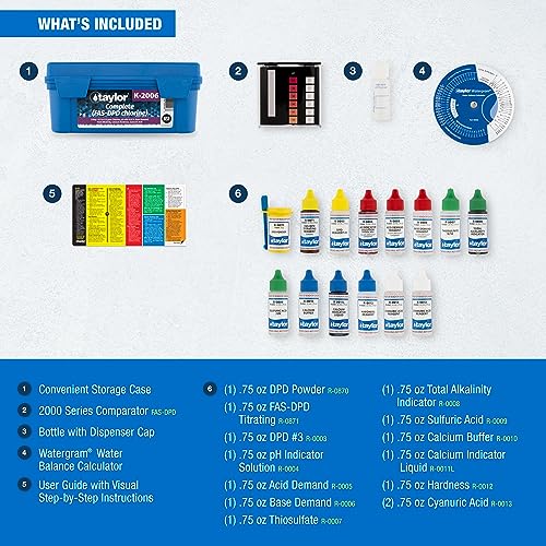 Taylor Pool Water Test Kit, Complete Swimming Pool Water Test Kit, for Chlorine, pH, and Alkaline Levels, Ideal for Pools, Hot Tubs, and Spas, 1-Pack