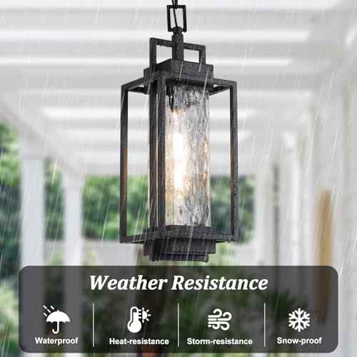 BesLowe 15¡± Outdoor Pendant Light with LED Bulb, Modern Hanging Lantern Light for Outside with Water Ripple Glass, Black Exterior Pendant Lighting Fixture, Outdoor Chandelier for Front Porch, Gazebo