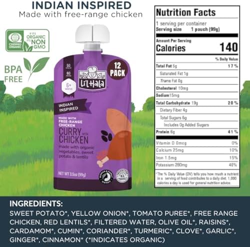 Li'l Hala Chicken Baby Food Meat Pouch | Indian Curry (12 ct) | 6+ Months Savory Baby Food Pouches with Protein and Organic Veggies, Toddler Snacks with Iron & Fiber | Stage 2 Meat Puree