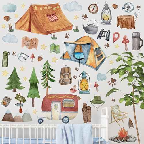 2 Sheet 64 Pcs Camping Wall Decals Stickers Adventure Theme Room Stickers Tent Camper Outdoor Wall Decals RV Bonfire Camping Decor for Classroom Kids Nursery Bedroom Home Decorations