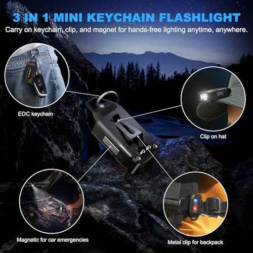 EDC Keychain Flashlight Rechargeable, 500 High Lumens Bright Small Flashlights Powerful with 9 Modes & Waterproof, Mini Clip on Pocket Flash light Magnetic for Camping, Fishing, Emergency, 2 Pack