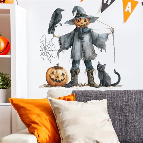 2 Sheets Halloween Wall Stickers Pumpkin Scarecrow Crow Black Cat Spider Wall Decals,Peel and Stick Vinyl Wall Decor for Halloween Party Decoration Festive Atmosphere(23.6"x11.8"Each)