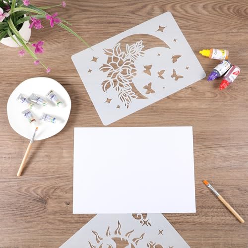 9 Pcs Reusable Stencils for Painting Template Sun Star Moon Tile Walls Floor Creative Drawing Stencil for DIY Craft on Patio Wood Wall Furniture Home Decor Rectangular Style