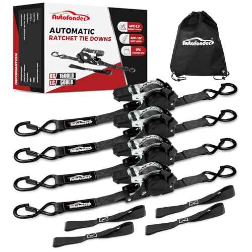 Retractable Ratchet Straps with Soft Loops (4 Pack)-(1,500lb Break Strength)-1 Inch x 12 Feet Heavy Duty Auto Self Retracting Tie Down Strap for Truck, Cargo Trailer, Motorcycle, Rad & More