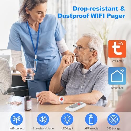 Life Alert Systems for Seniors No Monthly Fee Wi-Fi APP Control Elderly Alarm Call Button Caregiver Pager for 1 Call Button 1 Watch Button 1 Receiver(Only Supports 2.4GHz Wi-Fi) (Fxpager2)