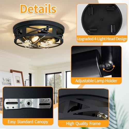 ZHU YAN Flush Mount 4-Light Ceiling Light Fixture for Hallway, Kitchen, Entryway - Black, E26 Base (2 Pack)