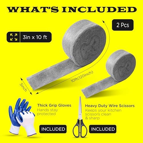 2 Pack SIMBA Steel Wool for Mice Control 3" x 10ft and Scissors & Gloves, Hole and Gap Filler, Protect Home, Garage, Pipeline, Vent, 2pc 3x10ft+Sci+Glo