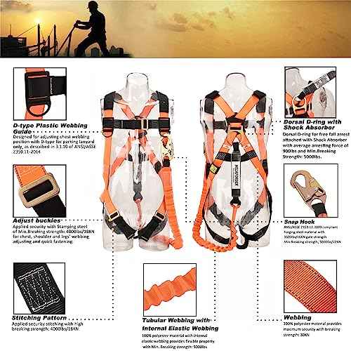 1D-Ring Industrial Fall Protection Safety Harness with 6-Foot Shock Absorber Stretchable Lanyard | Permanent attached Kit | ANSI Compliant Personal Fall Arrest System(PFAS)