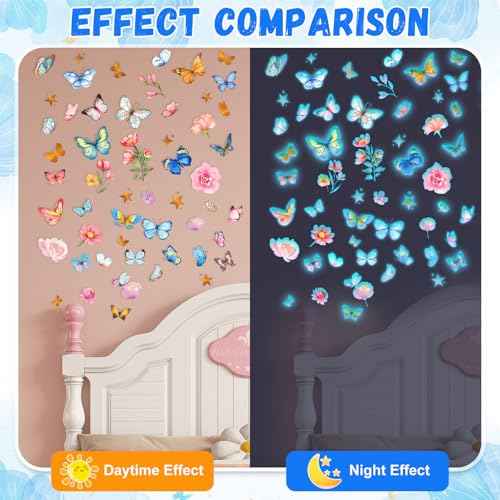 Glow in The Dark Butterfly Flower Wall Decals Glowing Luminous Butterflies Removable Self-Adhesive Wall Stickers for Girls Bedroom Nursery Living Room Decor 4 Sheets (Butterfly 1)