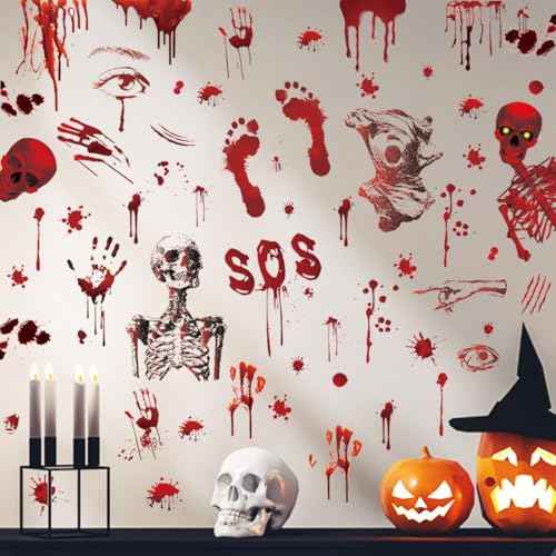 Halloween Wall Decals Bloody Handprint Footprint Wall Stickers Scary Halloween Decorations Spooky Window Stickers Removable Vinyl Wall Art Decal for Bathroom Living Room