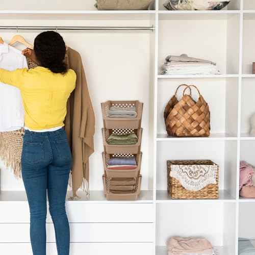 Plastic Stackable Storage Bins - 4pc Tan Closet Organizer Bins 28in Tall Big Plastic Boxes for Home and Kitchen