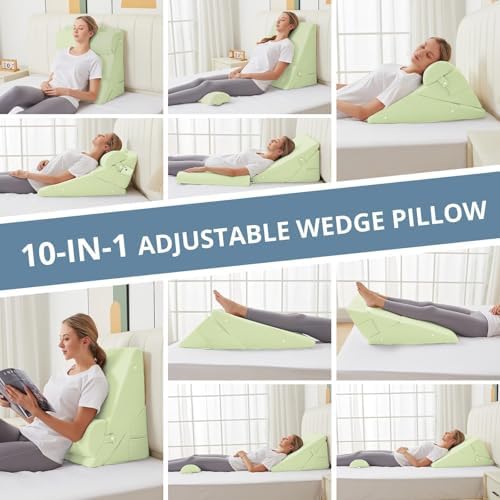 Sasttie Wedge Pillow Set for After Surgery, Adjustable Bed Wedge Pillow Headboard with Orthopedic Memory Foam Neck Cushion – for Acid Reflux, Sleeping, Neck & Back Support, Sage