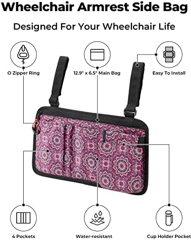 JOYTUTUS Walker Side Bag, Wheelchair Armrest Storage Pouch with Cup Holder, Wheelchair Accessories for Seniors, Walker Bag Cup Holder for Walker, Rollator, Electric Scooter or Wheelchair Red