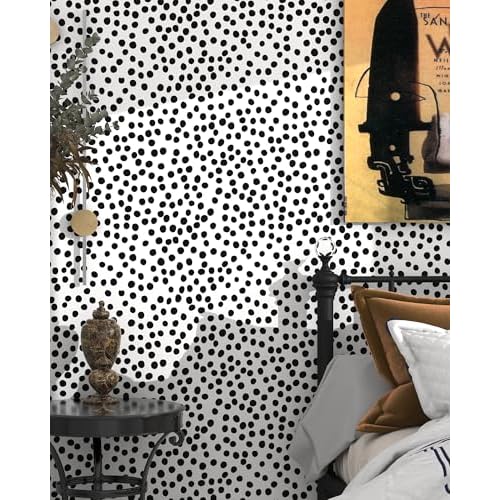 Modern Peel and Stick Wallpaper 17.3" x 78.8" Self Adhesive Wallpaper Black and White Contact Paper Polka Dot Removable Wall paper Decorative for Bedroom Bathroom Cabinets and Countertops Vinyl Roll