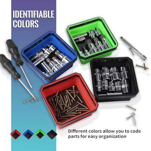 Collapsible Magnetic Parts Tray Set 4-piece, Insulating Silicone, Dual-sided Thickened Rare Earth Magnetic Base, Magnetic Foldable Tray for Screws, Nut, Bolts and Small Tools