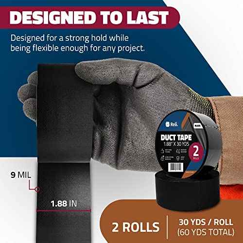 Reli. Duct Tape, Black | 1.88" x 60 Yards Total (2 Rolls, 30 Yds Each) | Heavy Duty Duct Tape - Waterproof, Tear by Hand | Repairs, Construction, Bundles, Piping,Box Sealing (Black)