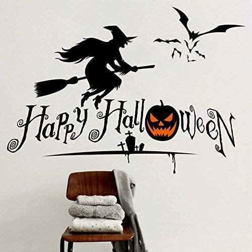 BooDecal Happy Halloween Wall Decals Stickers with Flying Witch and Bats Art Design for House Decorations Removable Halloween Series Wall Decals Stickers