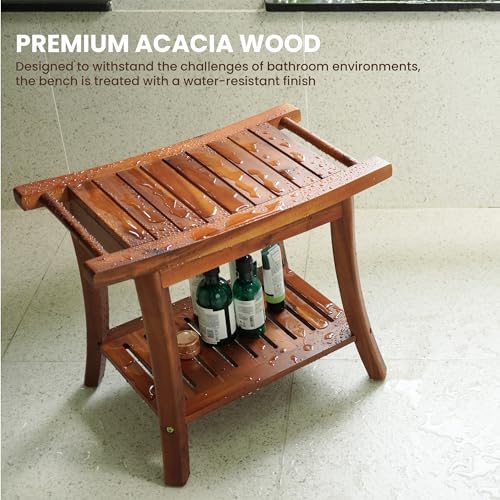 Tinamo Acacia Wooden Shower Bench Seat – Shower Stool for Inside Shower with Shelf – Bathroom Bench Chair Spa Shower Seat – Waterproof Shower Chair (22" x 13" x 18.6") (Acacia)