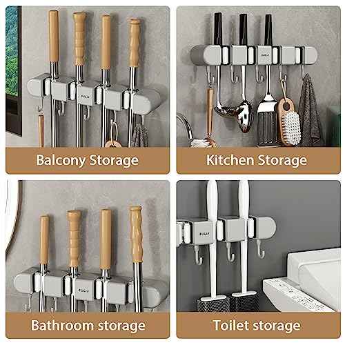 3PCS Broom Mop Holder with Hooks Wall Mounted Broom Storage Rack No Drilling Self-Adhesive Mop Broom Organizer Mop Holder Hanger for Bathroom Office Kitchen Closet Garage,Grey (3)