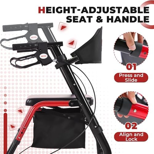 Metro Mobility Rollator Walker with Seat for Seniors, Foldable Lightweight Rolling Walker, 8" Big Wheels for All Terrain, 300 lb. Weight Capacity, Red