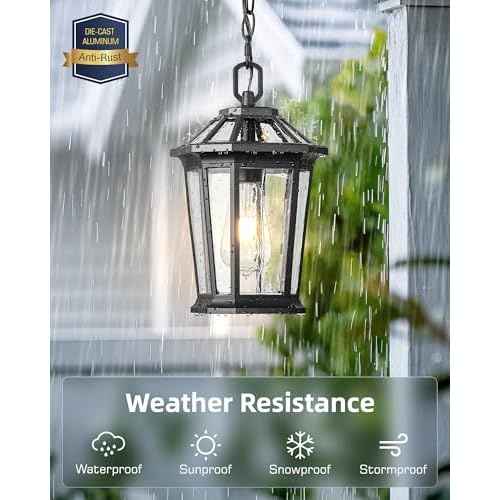 VIANIS Outdoor Pendant Lights, Modern Hanging Outside Lantern, Aluminum Porch Light Ceiling, Black Outdoor Chandelier for Porch with Clear Glass for House Doorway