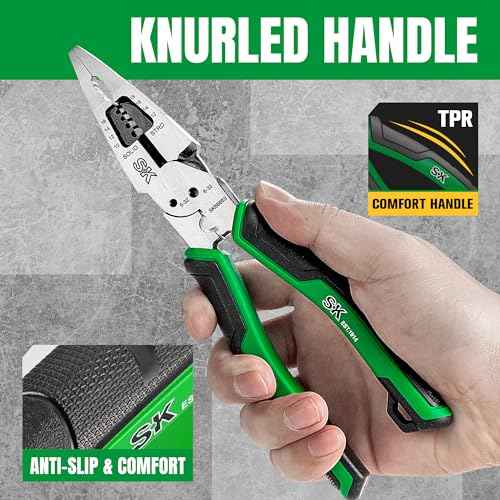 SK 8-Inch Multi-use Long Nose Pliers, Needle Nose Pliers, 7 IN 1, Premium CR-V Steel Construction, Ergonomic Anti-slip Handle for Comfortable Grip