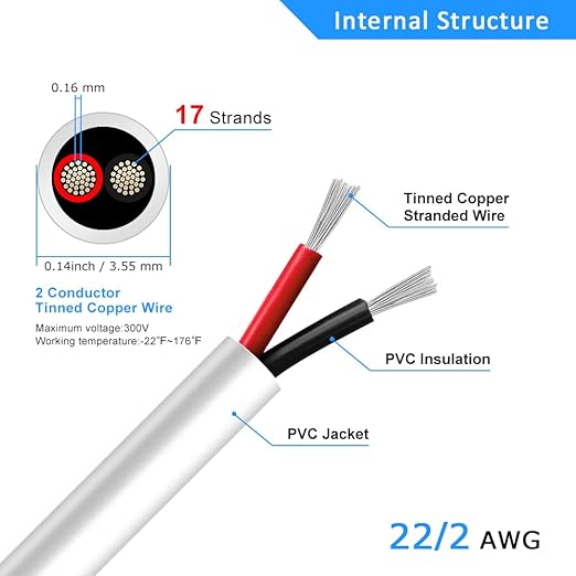 DEKIEVALE 22 Gauge 2 Conductor Electrical Wire, 16.4FT White Stranded Low Voltage 222 Cable PVC Case, 22 AWG Tinned Copper 2 Wire Extension Power Cable for LED Lamp Lighting, Automotive