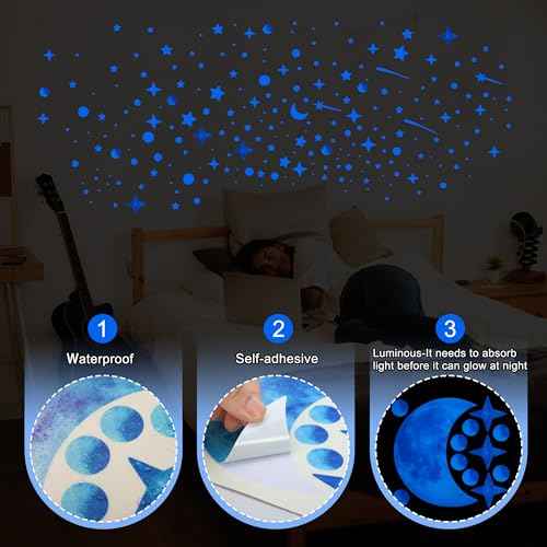 561pcs Glow in The Dark Stars Half Moon Wall Decals for Ceiling Living Room Kids Bedroom Luminous Planet Meteor Dots Stickers DIY Decoration (Half Moon-Blue)