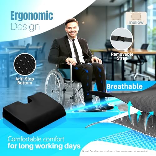 Mullow® Gel Wheelchair Seat Cushion | Anti-Slip Chair Pad for Adults & Seniors | Coccyx, Sciatica, Back & Ulcer Pain Relief | Waterproof Cover, Strap
