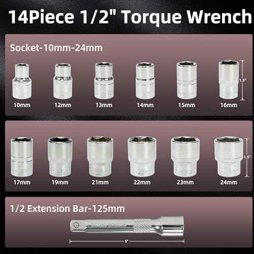 14Pcs 1/2-Inch Drive Click Torque Wrench Set 10-170 ft.lb/13.6-230.5 Nm, Dual-Direction Adjustable 72-Tooth Torque Wrench for Moto and Car Maintenance