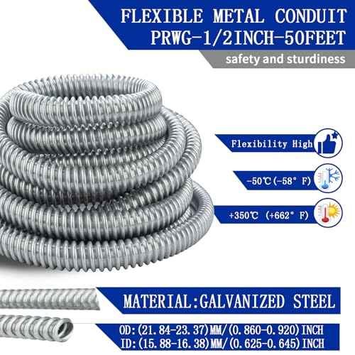 (1/2" Dia * 50 Feet) Yariwiz Flexible Steel Electrical Conduit Liquid Tight Steel Conduit Kit with 5 PCS Coupling, 3 PCS Elbow and 10 PCS Strap, Flex Liquidtight S-LCCK-0.5-50FT-KIT