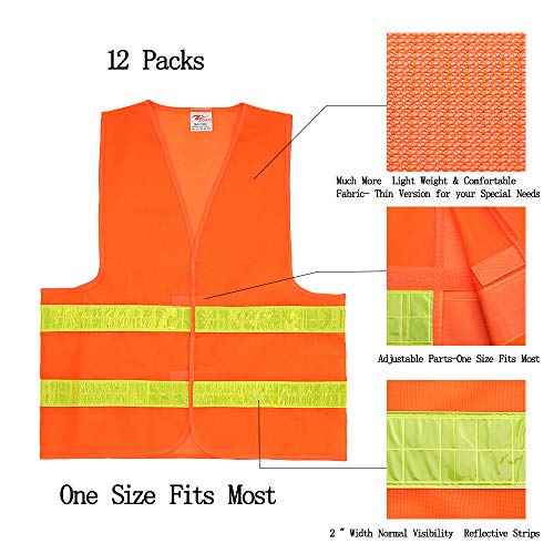 zojo Normal Visibility Safety Vests,12 Pack,Adjustable Size,Thin & Lightweight Mesh Fabric, Wholesale Safety Vest for Outdoor Works, Fits for Men Neon Orange Updated