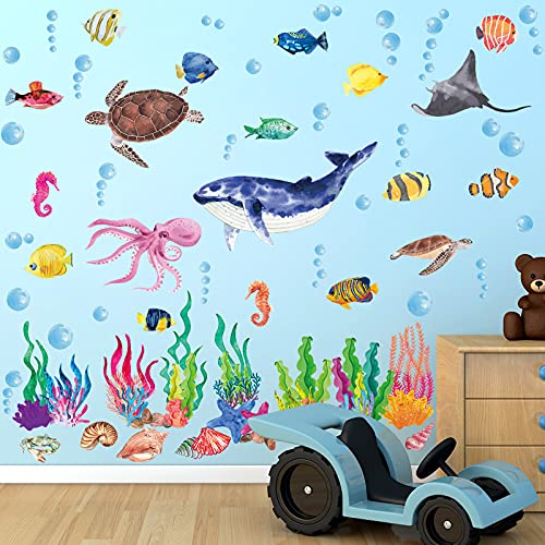 114 Piece Ocean Fish Wall Decals, Under The Sea Wall Decals - Under The Sea Fish & Jellyfish Removable Decor - Peel & Stick - for Kids, Baby, Bathroom, Bedroom, Living Room