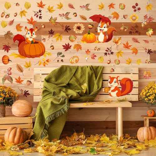 107 Pcs 6 Sheets Thanksgiving Fall Leaves Wall Decals Squirrel Acorn Pumpkin Autumn Wall Decals Peel and Stick Removable Wallpaper Thanksgiving Stickers for Window Living Room Home